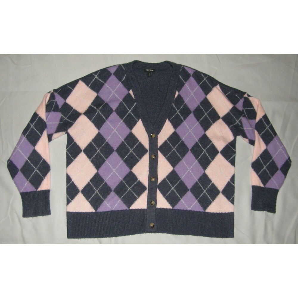 TORRID Preppy Argyle Sz 12 Casual or Dress Soft Stretchy Cardigan V-Neck Sweater